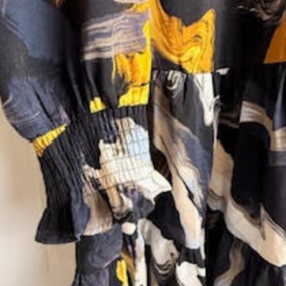 Nine West Abstract Print Long Sleeve Tiered Mini Dress Black/White/Yellow XL - Picture 6 of 9